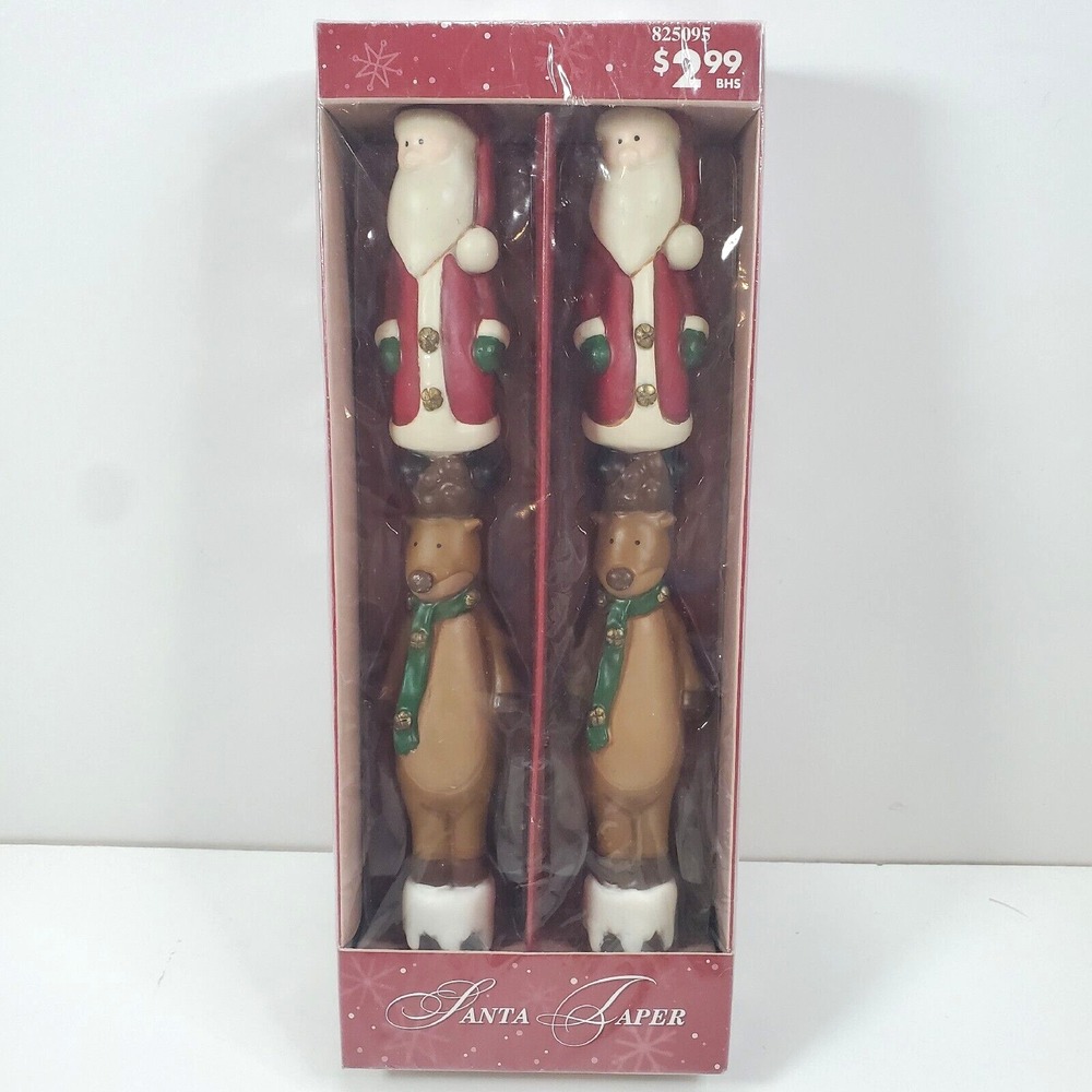 Set of 2 Russ Berrie Handpainted Santa & Reindeer Taper Christmas Candles NEW